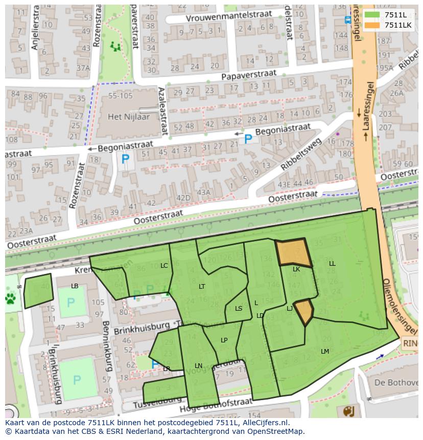 Afbeelding van het postcodegebied 7511 LK op de kaart.