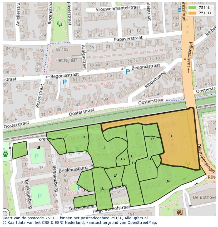 Afbeelding van het postcodegebied 7511 LL op de kaart.