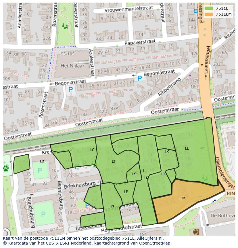 Afbeelding van het postcodegebied 7511 LM op de kaart.