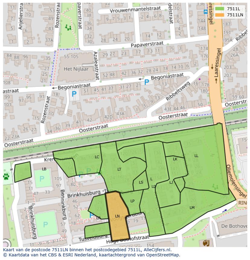 Afbeelding van het postcodegebied 7511 LN op de kaart.