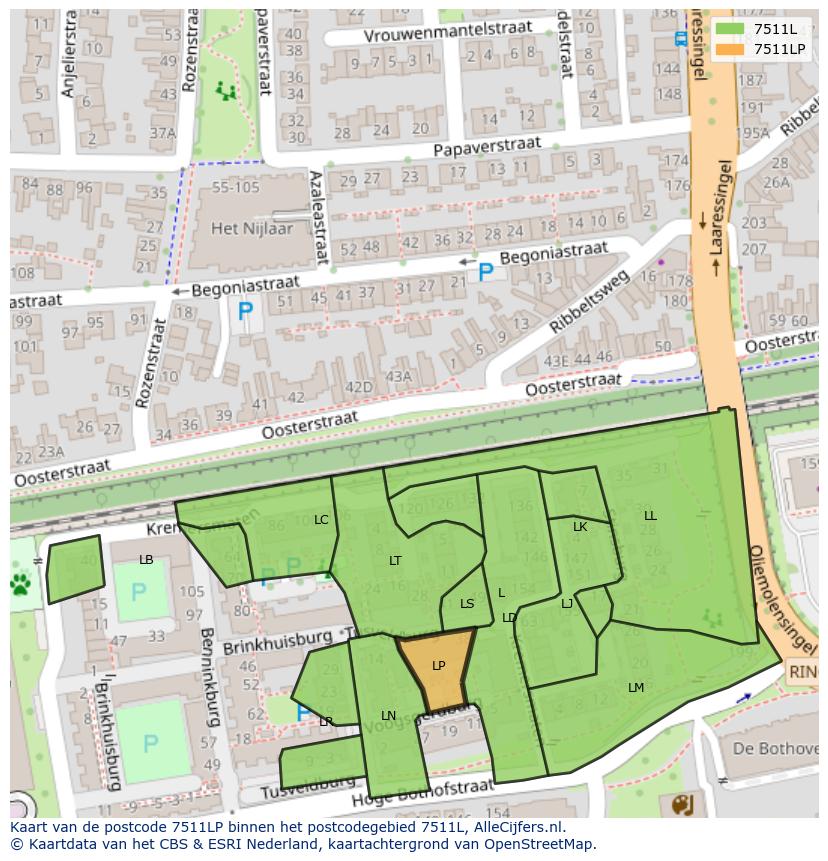 Afbeelding van het postcodegebied 7511 LP op de kaart.