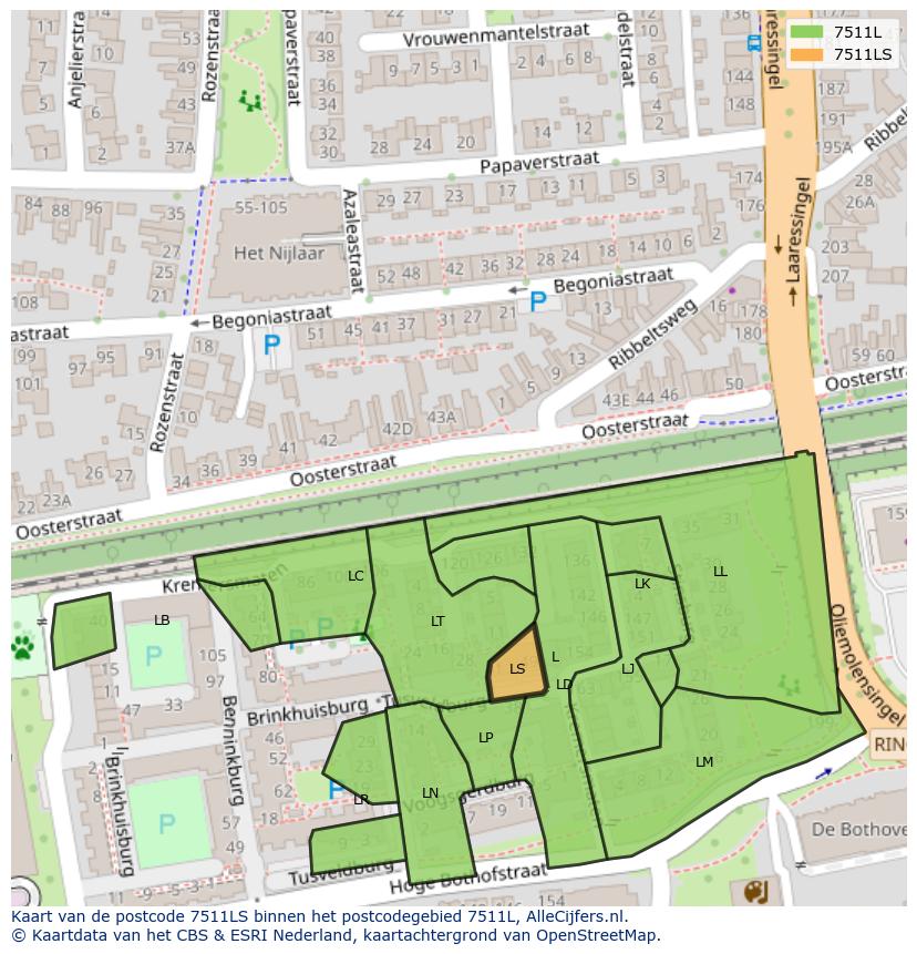 Afbeelding van het postcodegebied 7511 LS op de kaart.