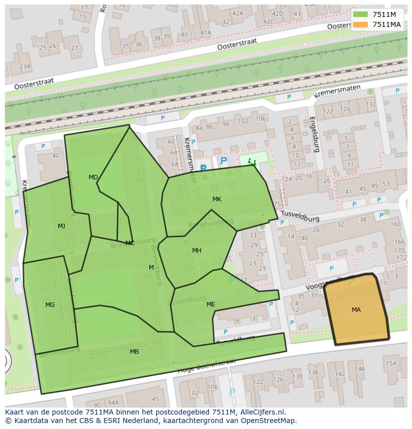 Afbeelding van het postcodegebied 7511 MA op de kaart.
