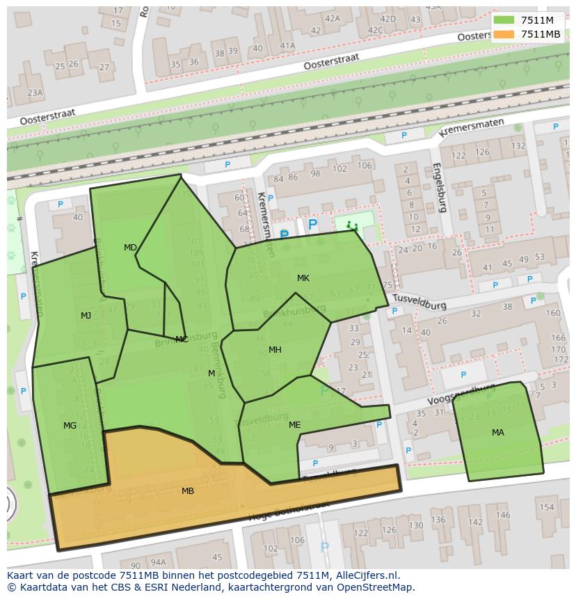 Afbeelding van het postcodegebied 7511 MB op de kaart.