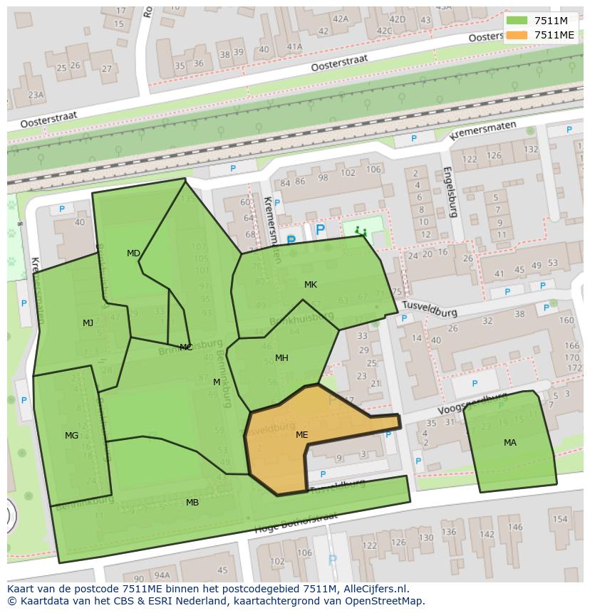 Afbeelding van het postcodegebied 7511 ME op de kaart.