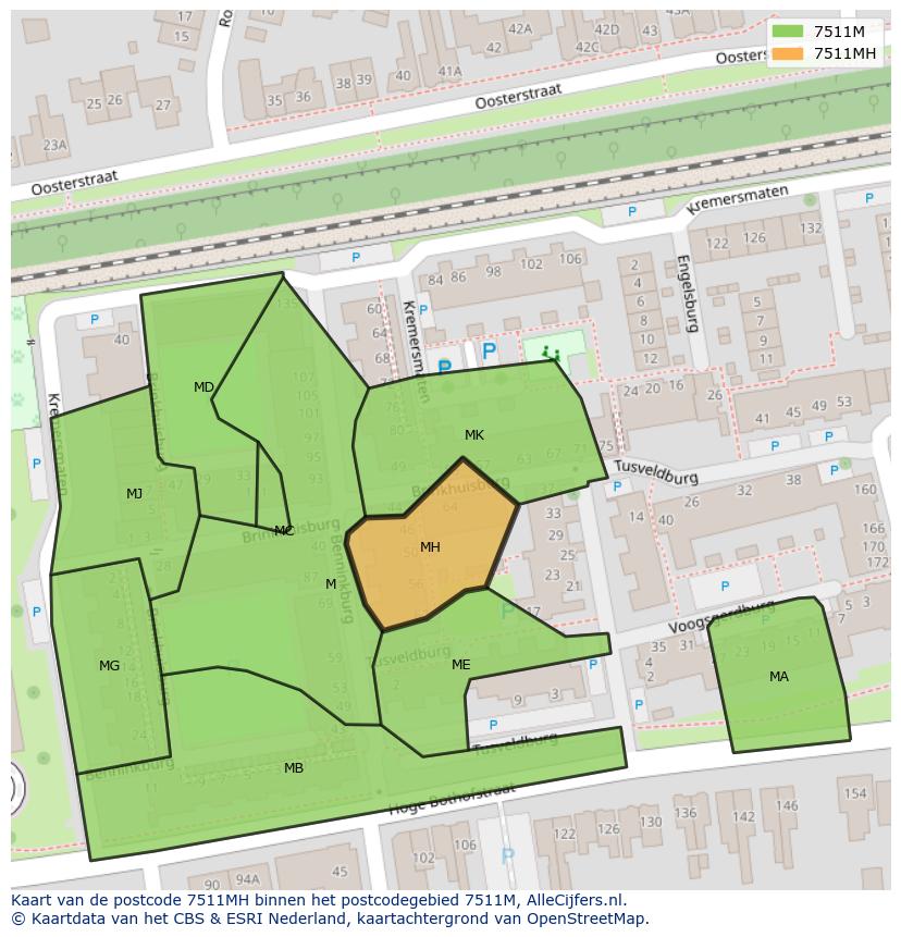 Afbeelding van het postcodegebied 7511 MH op de kaart.