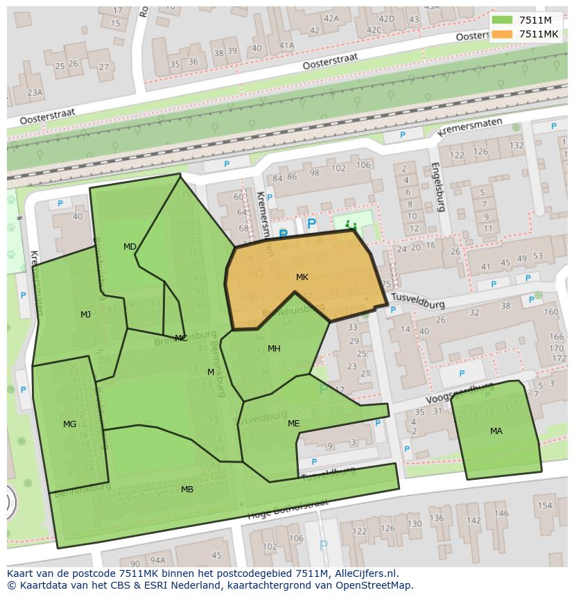 Afbeelding van het postcodegebied 7511 MK op de kaart.