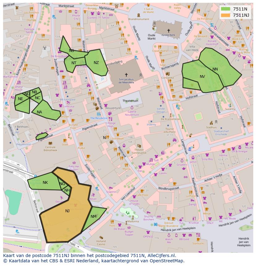 Afbeelding van het postcodegebied 7511 NJ op de kaart.