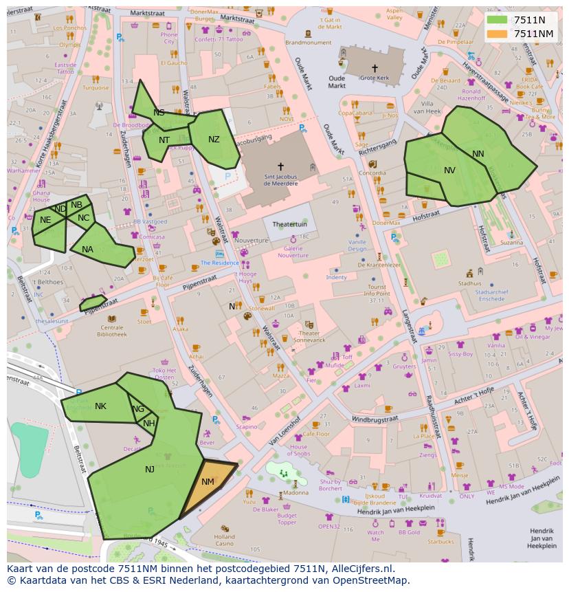 Afbeelding van het postcodegebied 7511 NM op de kaart.