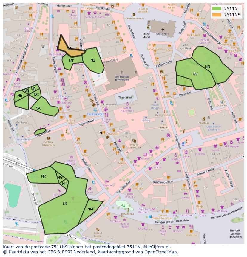 Afbeelding van het postcodegebied 7511 NS op de kaart.