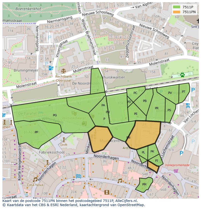 Afbeelding van het postcodegebied 7511 PN op de kaart.