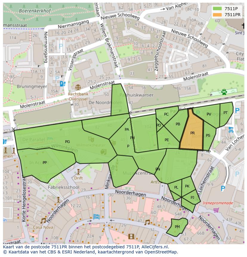 Afbeelding van het postcodegebied 7511 PR op de kaart.