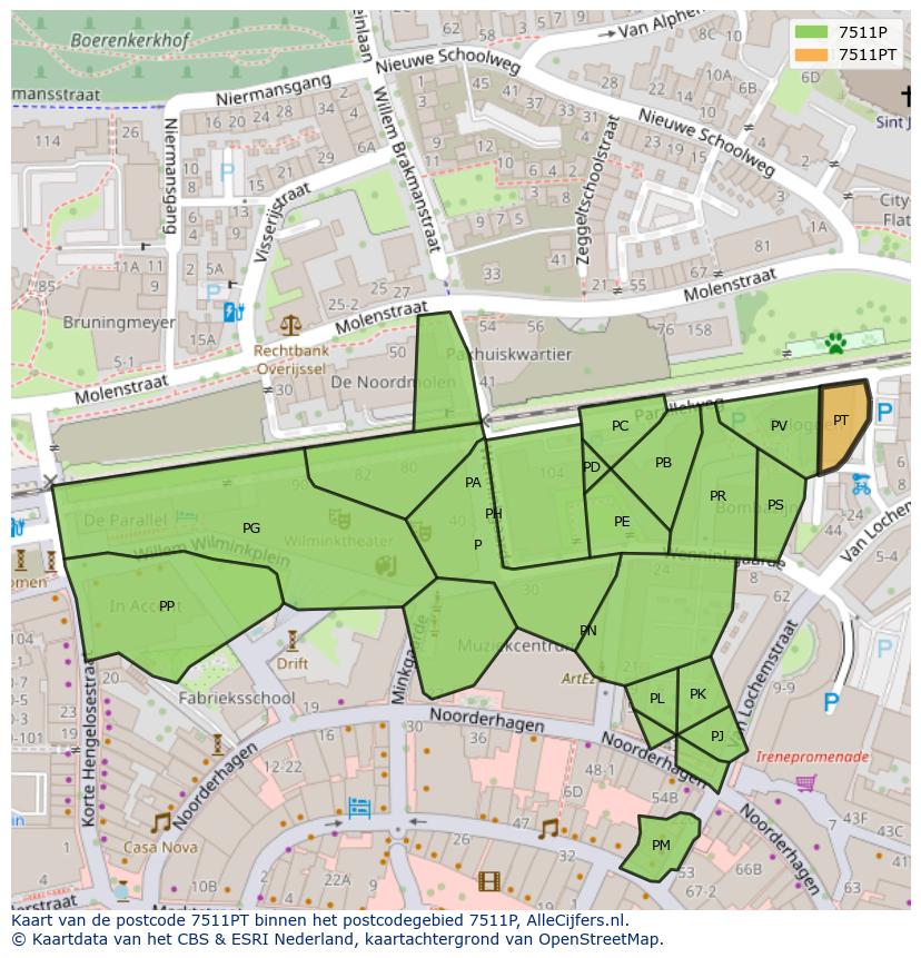 Afbeelding van het postcodegebied 7511 PT op de kaart.