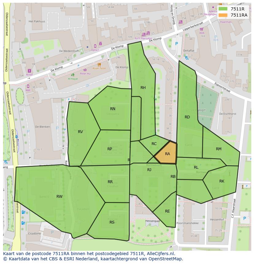 Afbeelding van het postcodegebied 7511 RA op de kaart.