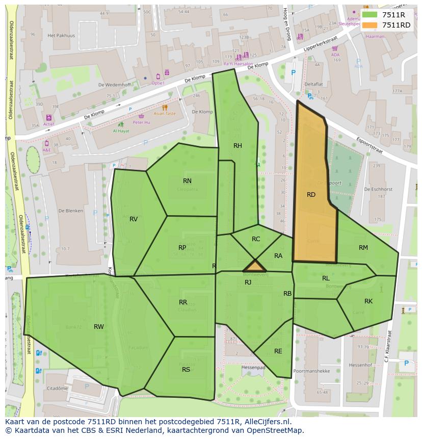 Afbeelding van het postcodegebied 7511 RD op de kaart.
