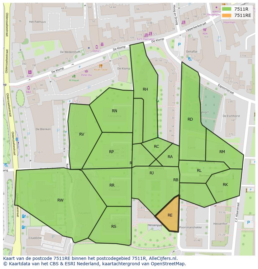 Afbeelding van het postcodegebied 7511 RE op de kaart.