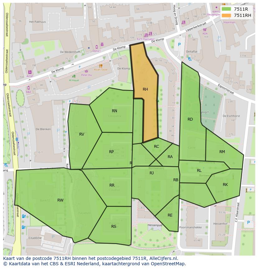 Afbeelding van het postcodegebied 7511 RH op de kaart.