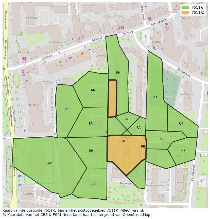 Afbeelding van het postcodegebied 7511 RJ op de kaart.