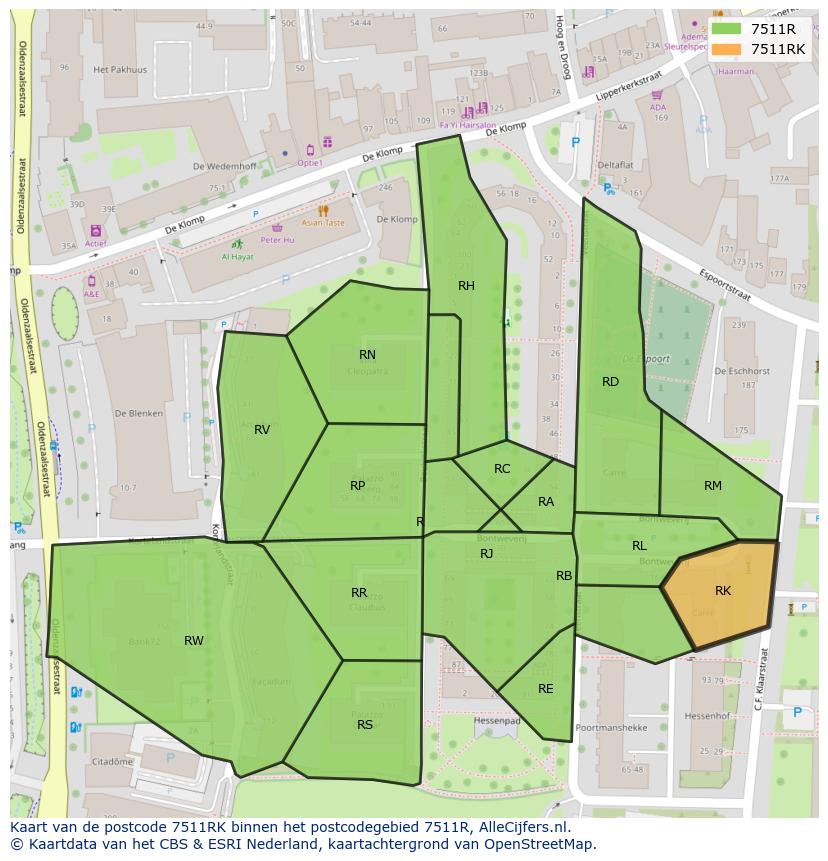 Afbeelding van het postcodegebied 7511 RK op de kaart.