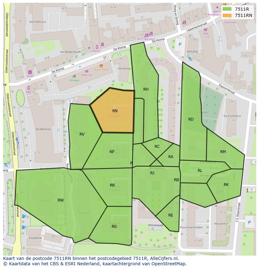Afbeelding van het postcodegebied 7511 RN op de kaart.
