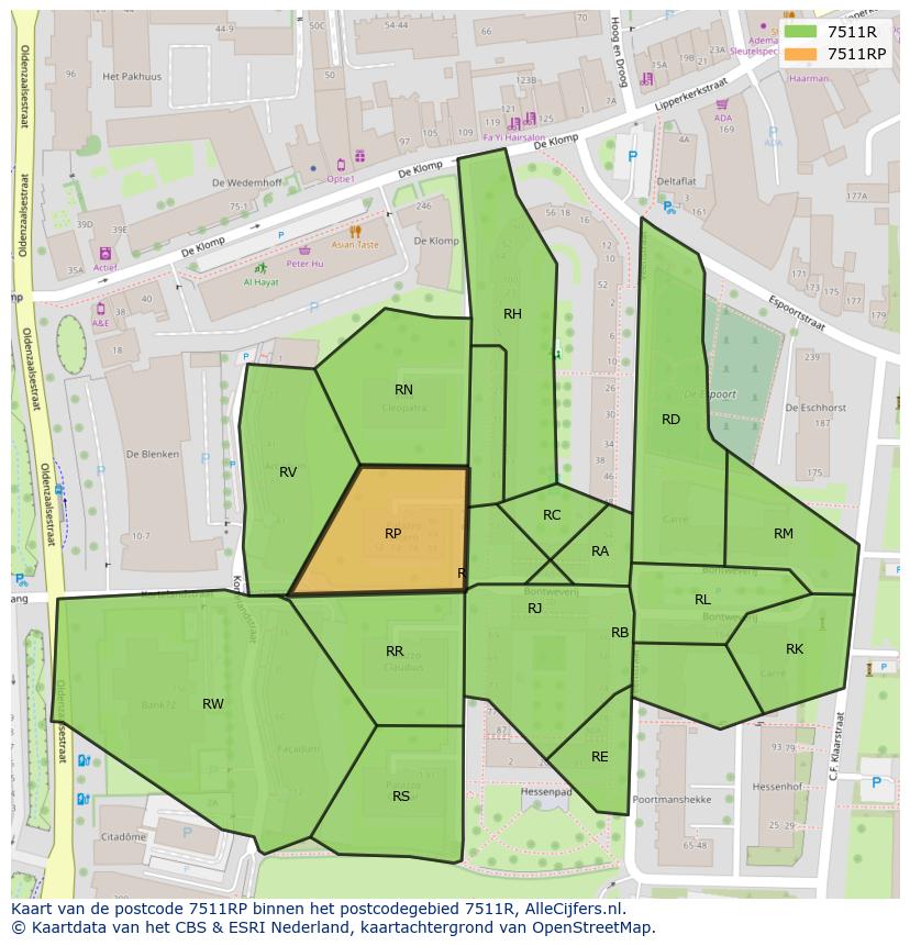 Afbeelding van het postcodegebied 7511 RP op de kaart.