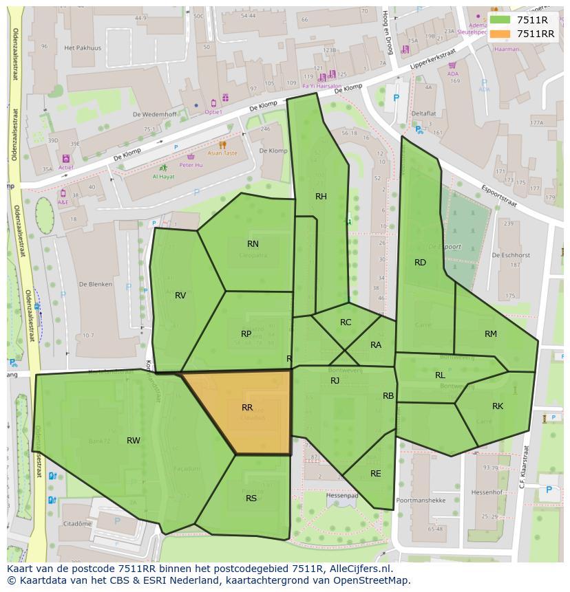Afbeelding van het postcodegebied 7511 RR op de kaart.