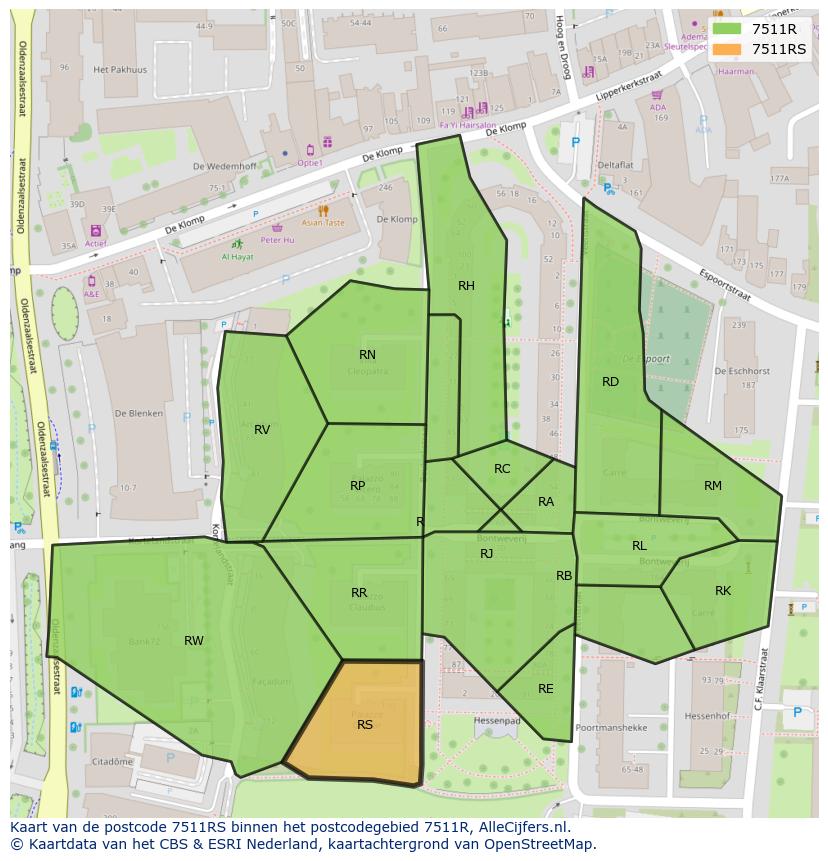 Afbeelding van het postcodegebied 7511 RS op de kaart.