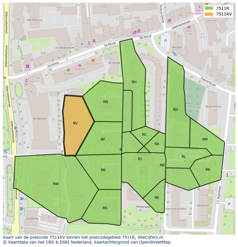 Afbeelding van het postcodegebied 7511 RV op de kaart.