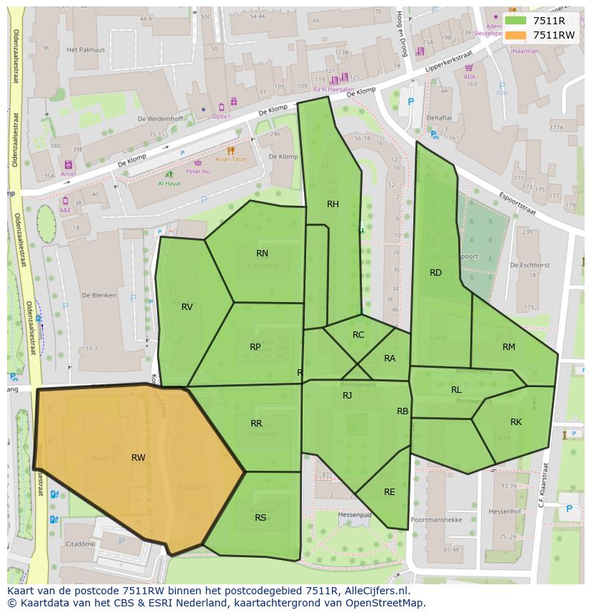 Afbeelding van het postcodegebied 7511 RW op de kaart.