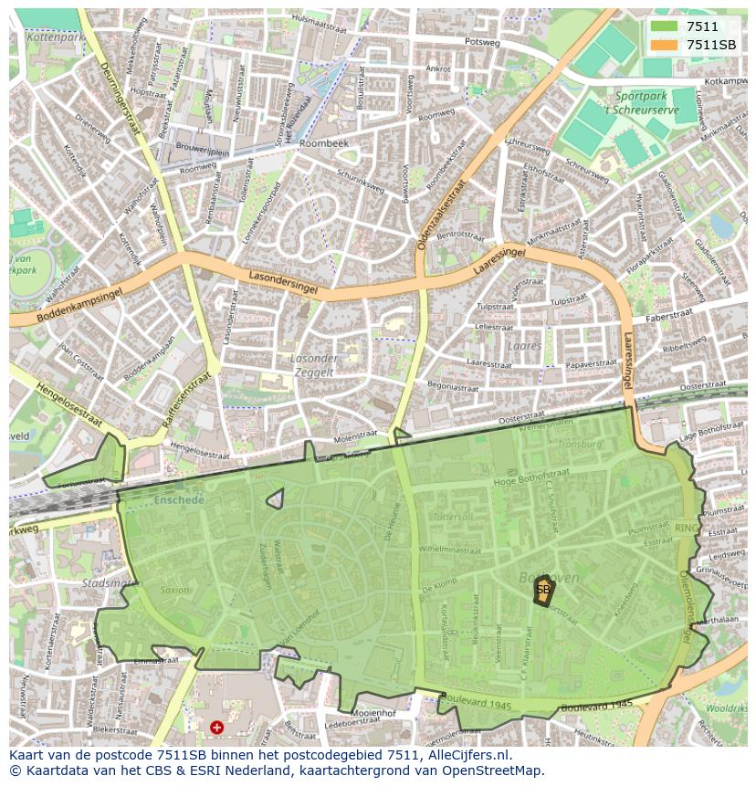 Afbeelding van het postcodegebied 7511 SB op de kaart.
