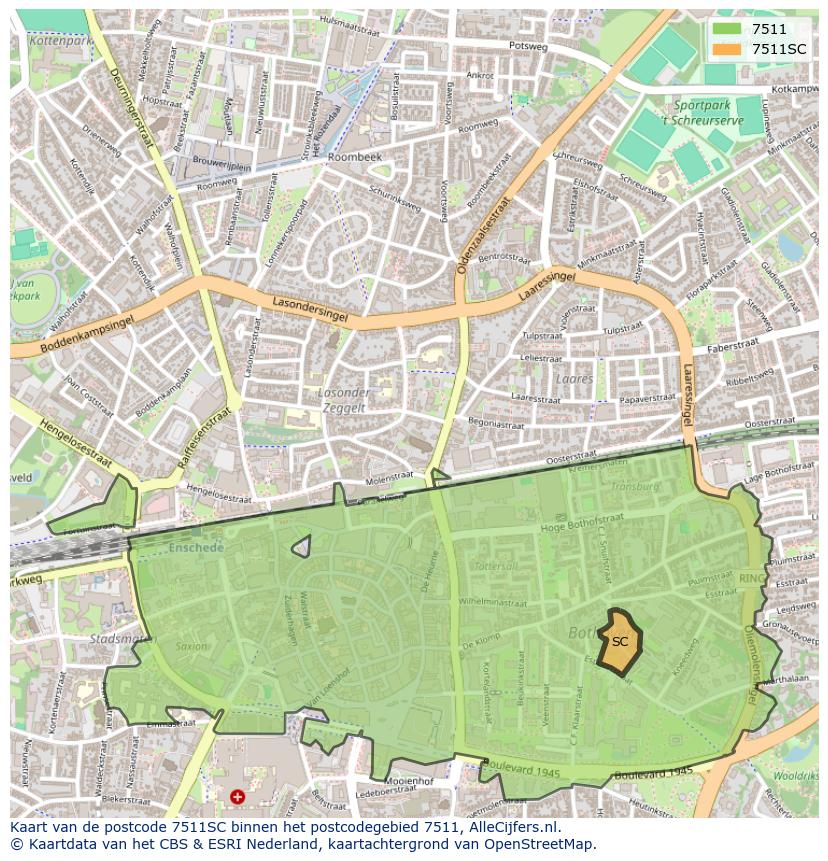 Afbeelding van het postcodegebied 7511 SC op de kaart.
