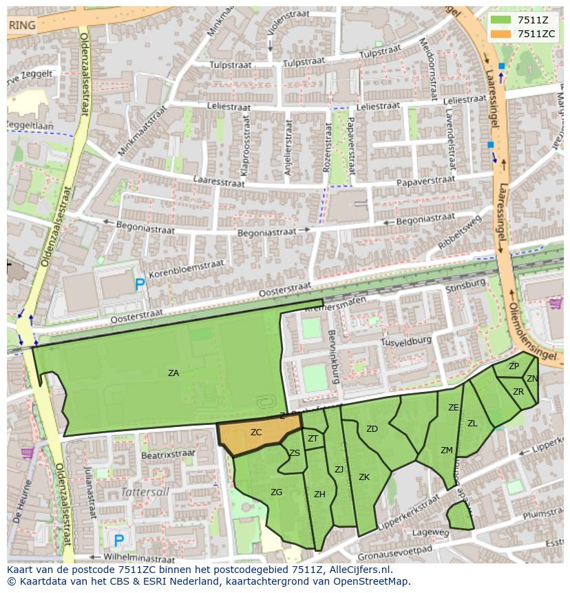 Afbeelding van het postcodegebied 7511 ZC op de kaart.