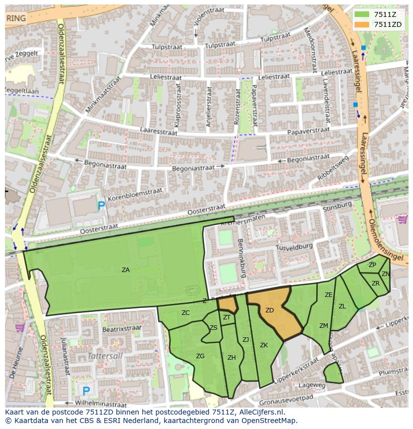 Afbeelding van het postcodegebied 7511 ZD op de kaart.