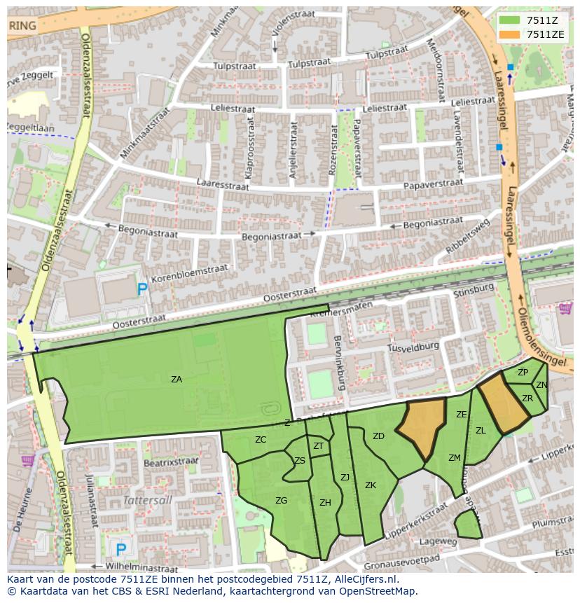 Afbeelding van het postcodegebied 7511 ZE op de kaart.