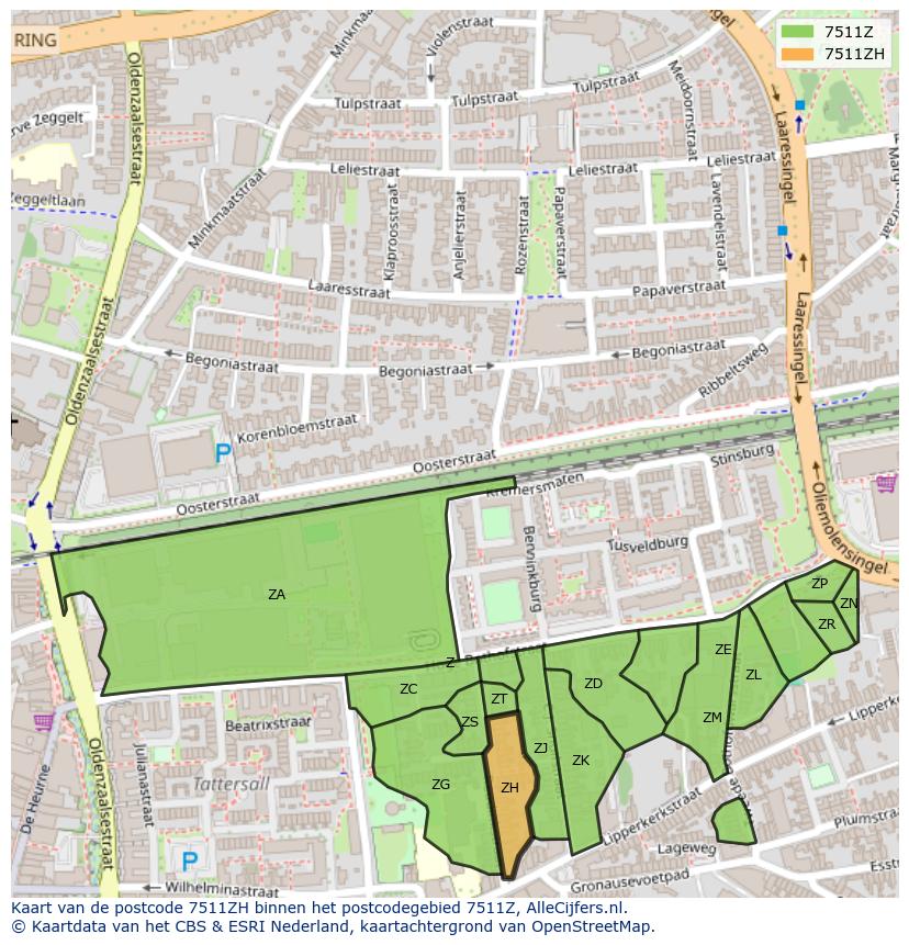 Afbeelding van het postcodegebied 7511 ZH op de kaart.