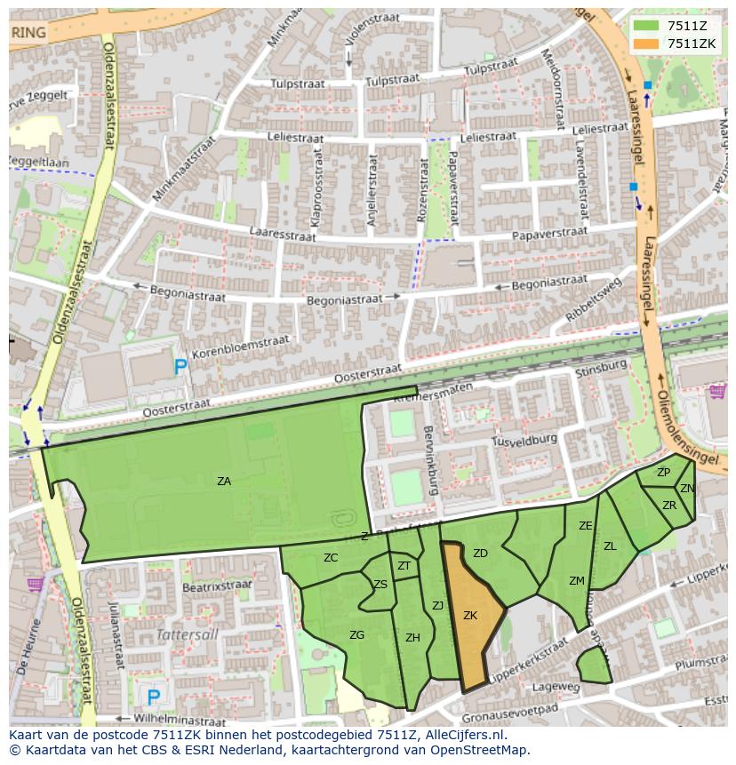 Afbeelding van het postcodegebied 7511 ZK op de kaart.