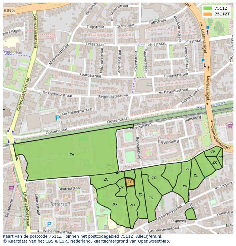 Afbeelding van het postcodegebied 7511 ZT op de kaart.