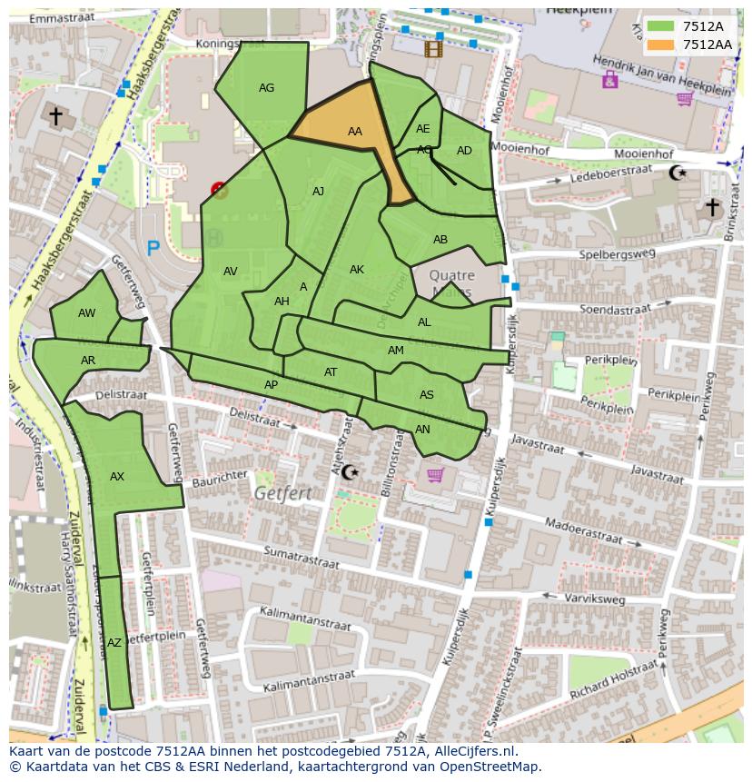 Afbeelding van het postcodegebied 7512 AA op de kaart.