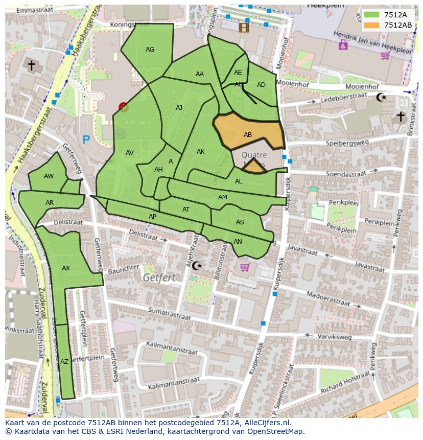 Afbeelding van het postcodegebied 7512 AB op de kaart.