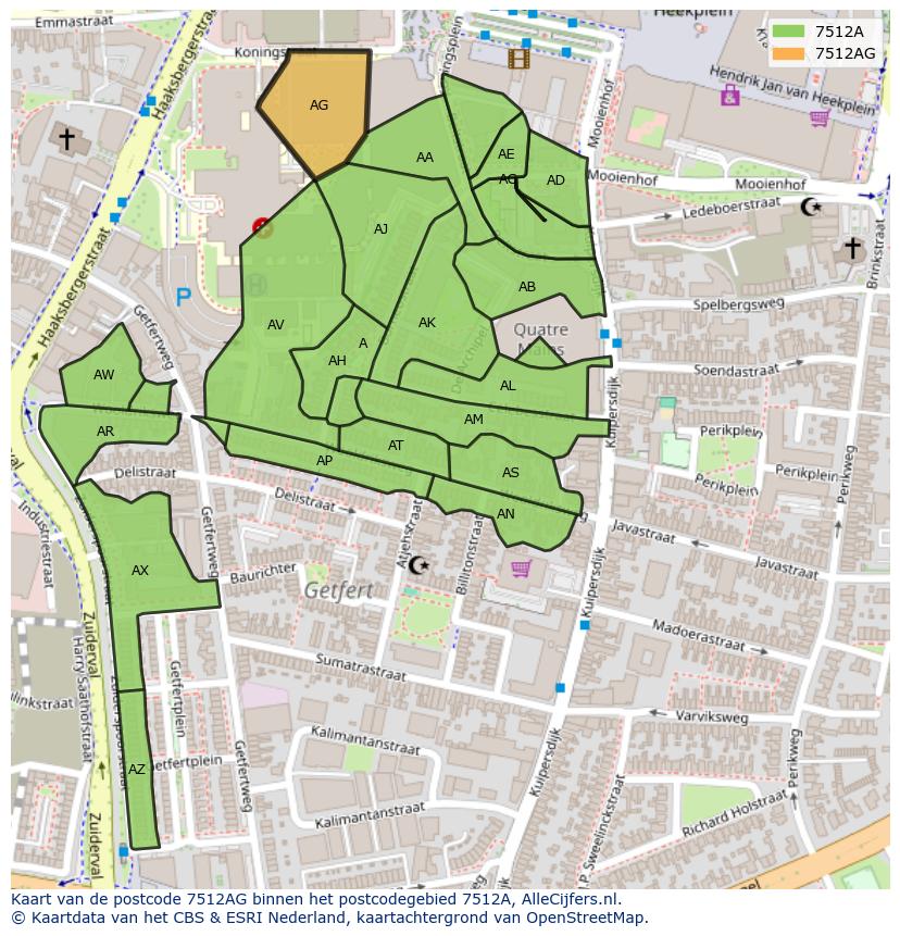 Afbeelding van het postcodegebied 7512 AG op de kaart.