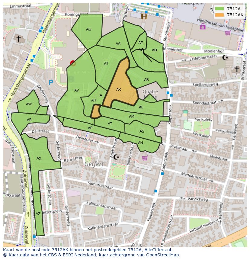 Afbeelding van het postcodegebied 7512 AK op de kaart.