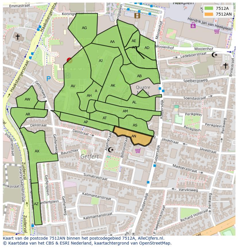 Afbeelding van het postcodegebied 7512 AN op de kaart.