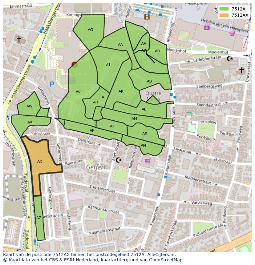 Afbeelding van het postcodegebied 7512 AX op de kaart.