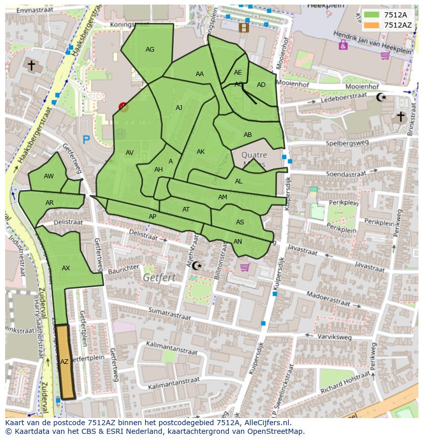 Afbeelding van het postcodegebied 7512 AZ op de kaart.