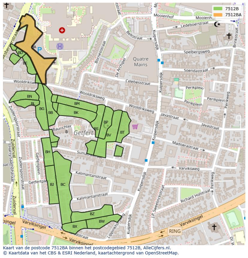 Afbeelding van het postcodegebied 7512 BA op de kaart.