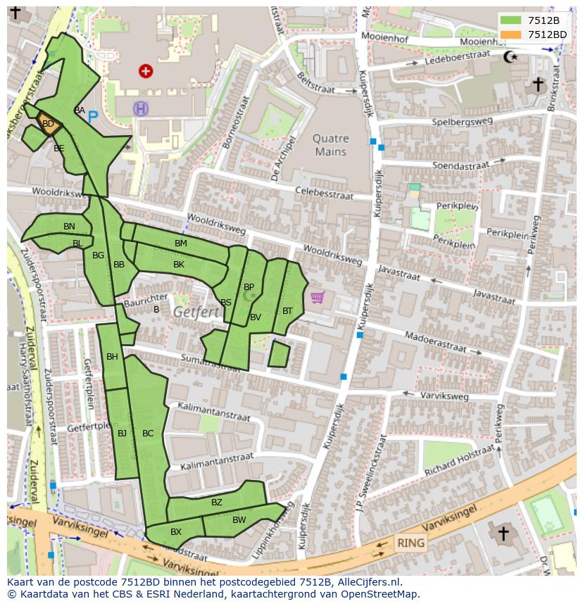Afbeelding van het postcodegebied 7512 BD op de kaart.