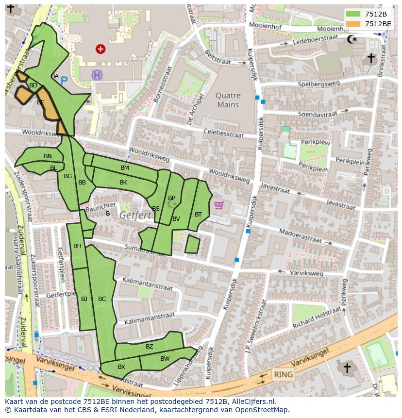 Afbeelding van het postcodegebied 7512 BE op de kaart.