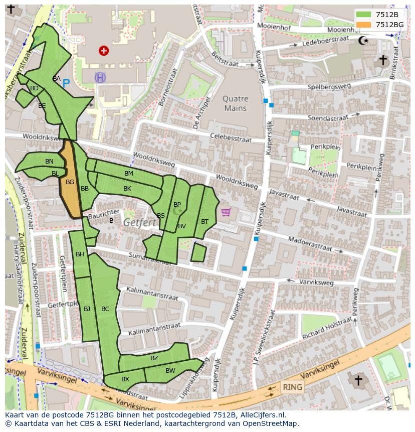 Afbeelding van het postcodegebied 7512 BG op de kaart.