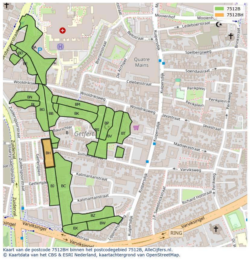 Afbeelding van het postcodegebied 7512 BH op de kaart.