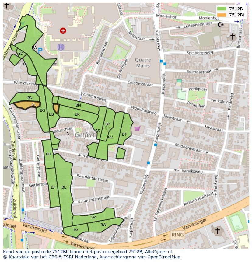 Afbeelding van het postcodegebied 7512 BL op de kaart.